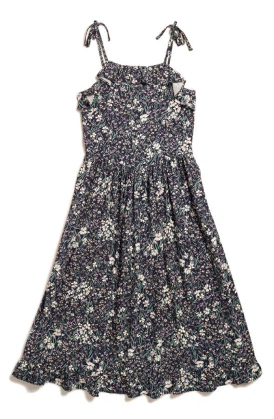Nordstrom Kids' Floral Ruffle Tie Strap Sundress In Navy Peacoat Sabrina Floral