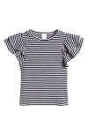 Nordstrom Kids' Flutter Sleeve Rib T-shirt In Ivory Egret- Navy Abby Stripe