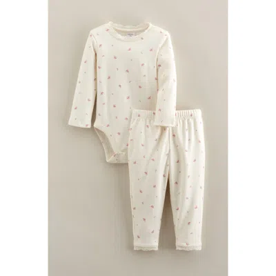 Nordstrom Babies'  Kids' Lace Trim Print Bodysuit & Pants Set In White