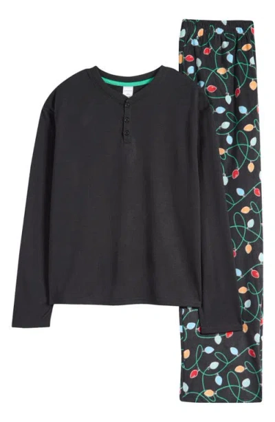 Nordstrom Kids' Long Sleeve Henley T-shirt & Fleece Pajama Pants Set In Black- Black Multi Lights