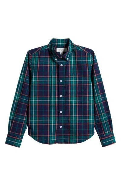 Nordstrom Kids' Plaid Long Sleeve Button-down Shirt In Navy Peacoat- Green Plaid