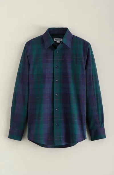Nordstrom Kids' Plaid Stretch Cotton Blend Button-down Shirt In Green Bug- Navy Dawson Plaid