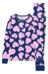 Nordstrom Kids' Print Fitted Cotton Two-piece Pajama Set In Blue Caspia- Pink Hearts