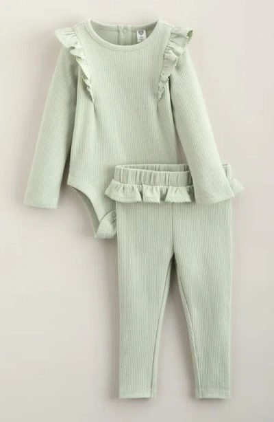 Nordstrom Babies'  Kids' Rib Ruffle Bodysuit & Leggings Set In Green