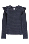 Nordstrom Kids' Rib Shoulder Ruffle Long Sleeve T-shirt In Navy Peacoat Jesse Stripe