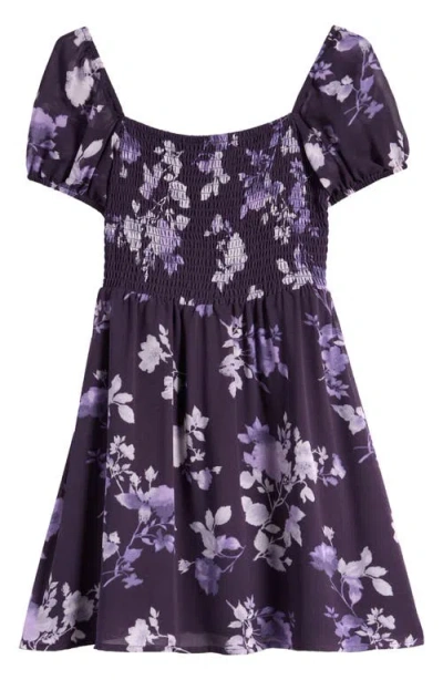 Nordstrom Kids' Smocked Bodice Puff Sleeve Dress In Purple Night Liana Floral