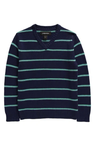 Nordstrom Kids' Stripe Cotton Blend V-neck Sweater In Navy Peacoat Green Legacy
