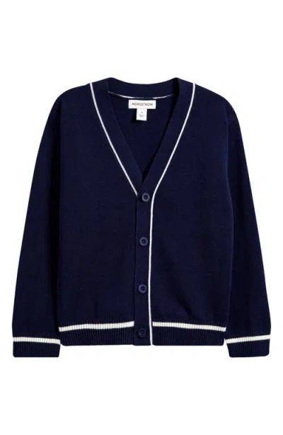 Nordstrom Kids' Tipped Cotton Cardigan In Navy Peacoat- Ivory