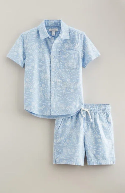 Nordstrom Kids' Tropical Print Short Sleeve Cotton Blend Button-up Shirt & Drawstring Shorts Set In Blue Windsurfer Tropical Toile