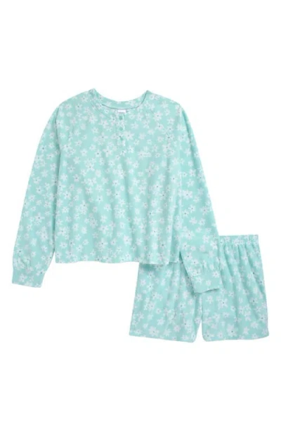Nordstrom Kids' Two-piece Henley Short Pajamas In Teal Turquoise Flower Toss