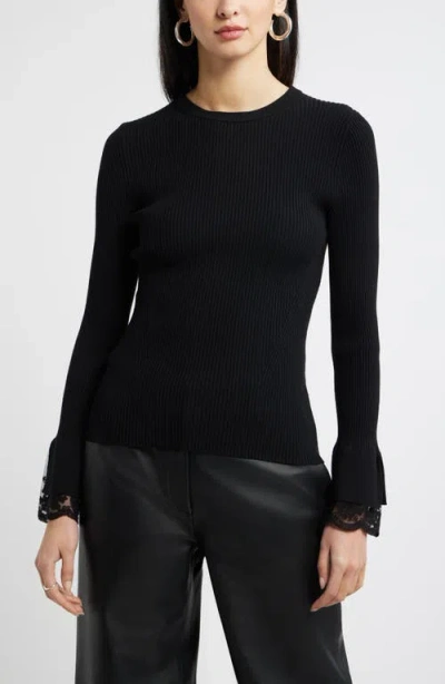 Nordstrom Lace Cuff Ribbed Sweater In Black