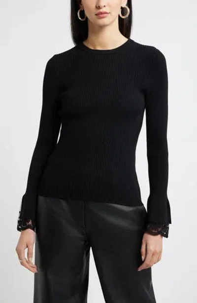 Nordstrom Lace Cuff Ribbed Sweater In Black