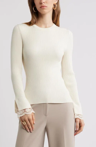 Nordstrom Lace Cuff Ribbed Sweater In White