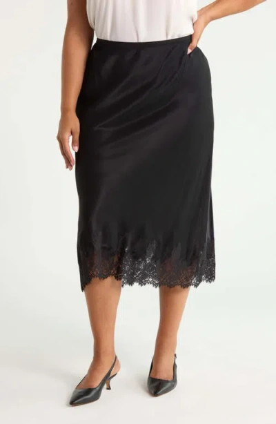 Nordstrom Lace Trim Satin Midi Skirt In Black
