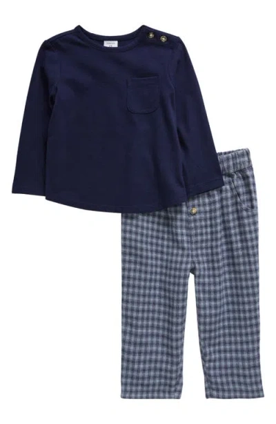 Nordstrom Babies'  Long Sleeve Cotton T-shirt & Check Flannel Pants Set In Navy Peacoat- Grey Micro Plaid