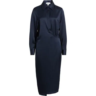 Nordstrom Long Sleeve Faux Wrap Satin Shirtdress In Blue