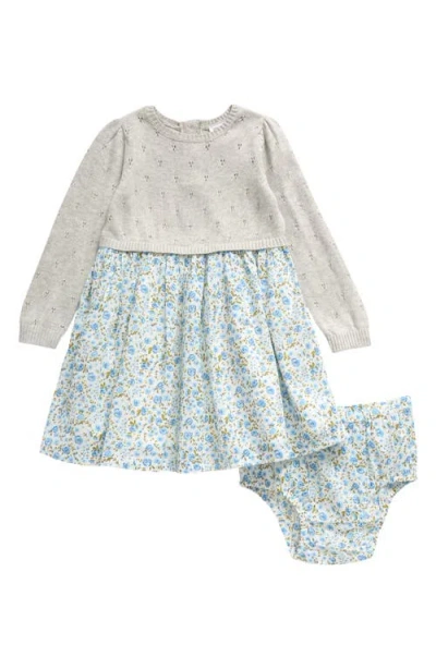 Nordstrom Babies'  Long Sleeve Mixed Media Dress & Bloomers In Grey Heather- Ivory Floral