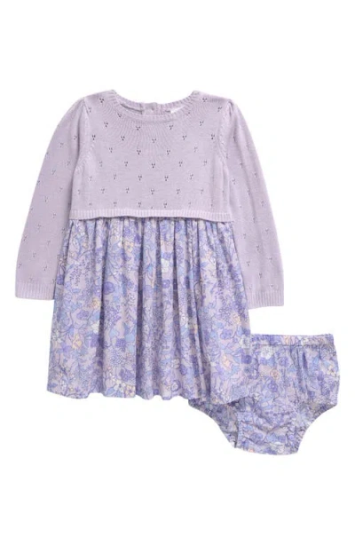 Nordstrom Babies'  Long Sleeve Mixed Media Dress & Bloomers In Purple Petal Prim Vines
