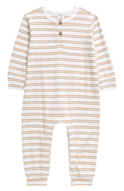 Nordstrom Babies'  Long Sleeve Rib Romper In White- Beige Dax Stripe