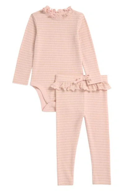 Nordstrom Babies'  Long Sleeve Ruffle Bodysuit & Leggings Set In Pink Lotus- Gold Emmy Stripe