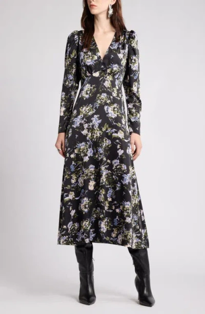Nordstrom Long Sleeve Satin Midi Dress In Black- Grey Sigorni Floral