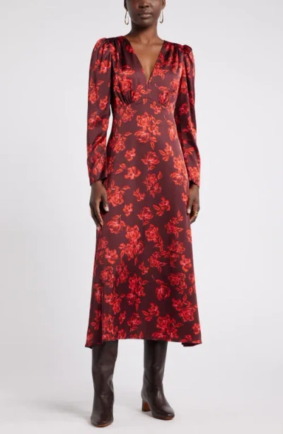 Nordstrom Long Sleeve Satin Midi Dress In Burgundy Floral