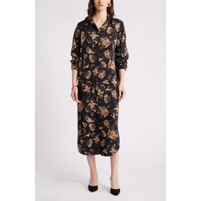 Nordstrom Long Sleeve Satin Midi Shirtdress In Black