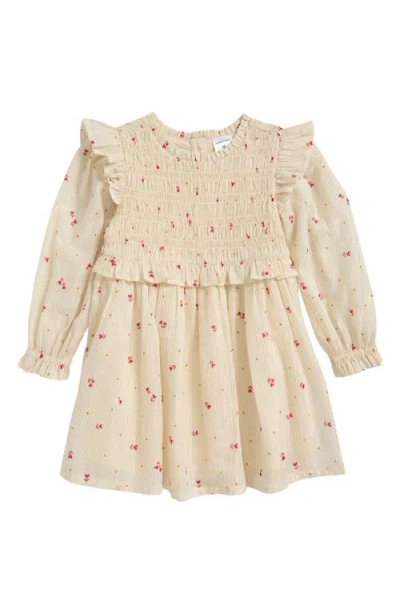 Nordstrom Babies'  Long Sleeve Smocked Bodice Dress In Ivory Egret Petite Hearts