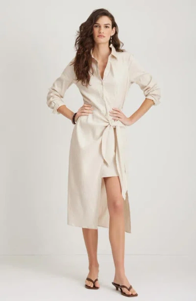 Nordstrom Long Sleeve Stretch Linen Blend Faux Wrap Shirtdress In Brown