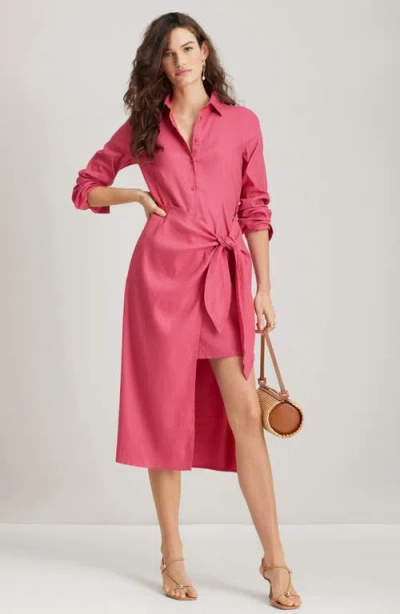 Nordstrom Long Sleeve Stretch Linen Blend Faux Wrap Shirtdress In Pink