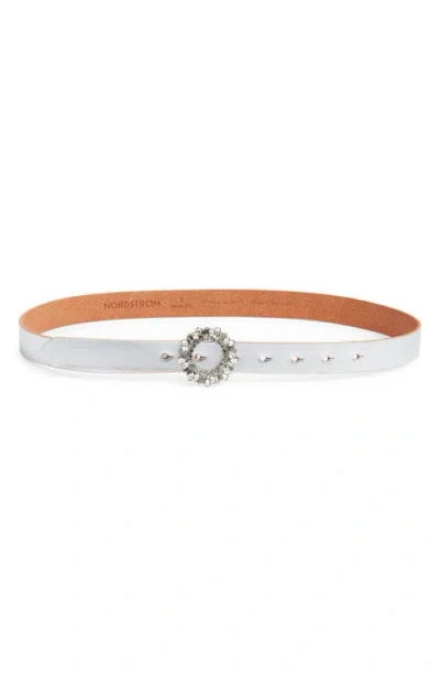 Nordstrom Luna Crystal Embellished Buckle Leather Belt In Silver