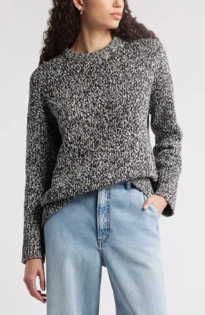 Nordstrom Marled Cotton & Wool Crewneck Sweater In Black- Ivory Marl