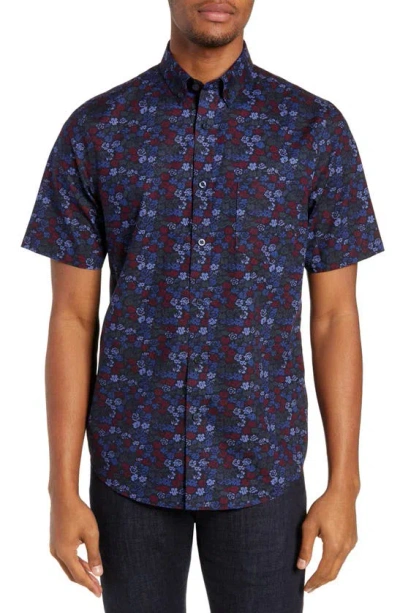 Nordstrom Men's Shop Non-iron Floral Print Sport Shirt In Black Blue Flower Multi