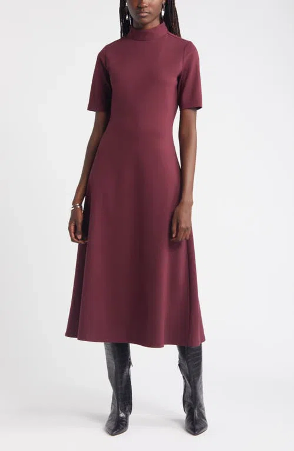 Nordstrom Mock Neck Ponte Knit Fit Flare Dress In Burgundy