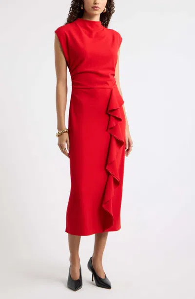 Nordstrom Mock Neck Ruffle Midi Dress In Red