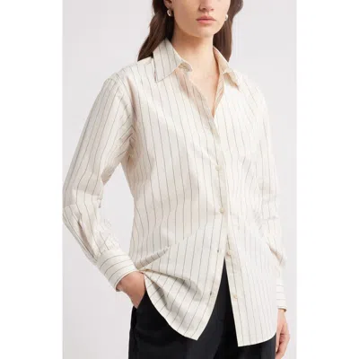 Nordstrom Pinstripe Cotton Button-up Shirt In Ivory- Black Penny Stripe