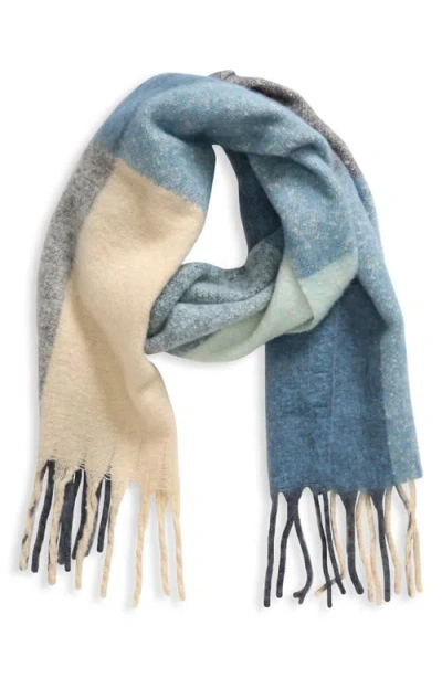 Nordstrom Plaid Brushed Fringed Scarf In Blue Plaid Combo