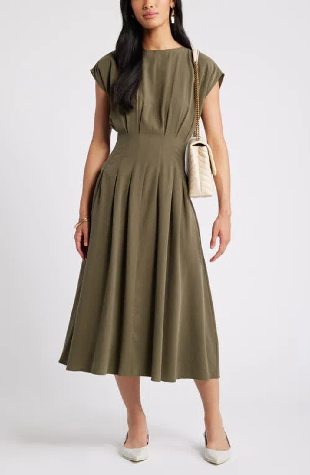 nordstrom pleated a line dress Nordstrom Pleated A-line Dress In Olive Night