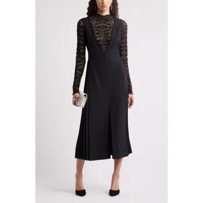Nordstrom Plunge Neck A-line Wool Blend Midi Dress In Black