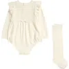 Nordstrom Babies'  Pointelle Long Sleeve Sweater Romper & Socks Set In Ivory Egret