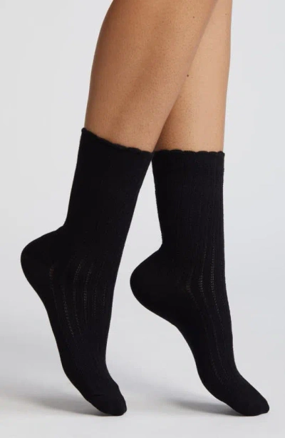 Nordstrom Pointelle Scalloped Edge Crew Socks In Black