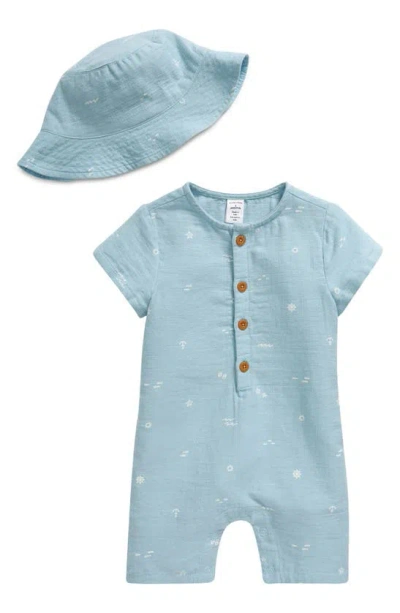 Nordstrom Babies' Print Cotton Henley Romper & Hat Set In Blue Basalt Nautical
