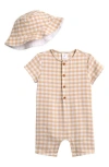 Nordstrom Print Cotton Henley Romper & Hat Set In Tan Shore Gingham