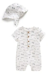 Nordstrom Print Cotton Henley Romper & Hat Set In White