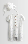 Nordstrom Print Cotton Henley Romper & Hat Set In White
