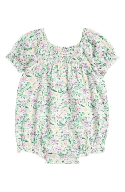 Nordstrom Babies'  Print Smocked Bubble Romper In Ivory Egret Lizzy Brocade
