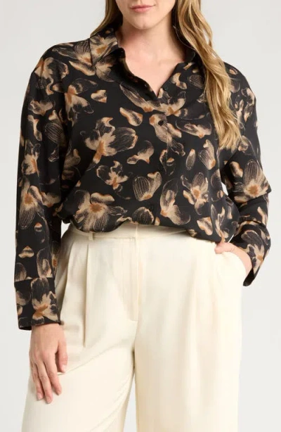 Nordstrom Print Twill Button-up Shirt In Black- Tan Carbon Floral