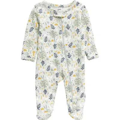 Nordstrom Print Zip Cotton Footie In Green Hush Owl Forest