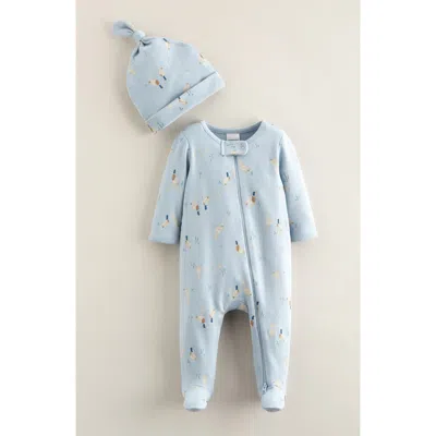 Nordstrom Babies'  Print Zip Footie & Beanie Set In Blue