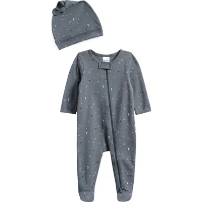Nordstrom Babies'  Print Zip Footie & Beanie Set In Blue Weather Rockets